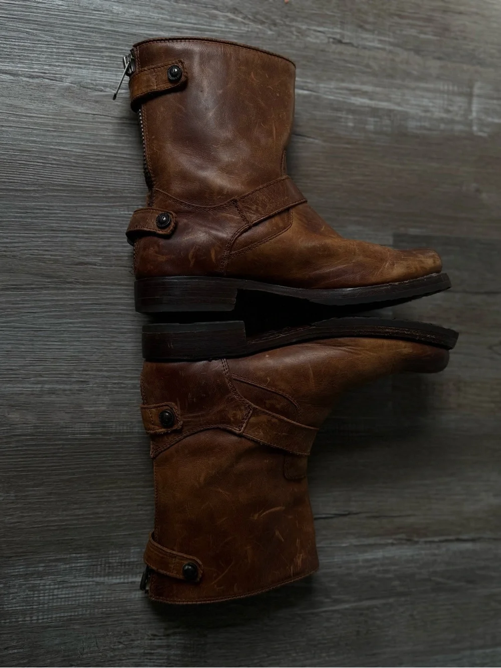 Frye Veronica Shortie Boots Size 7.5 Brown Leather Buckle Moto Ankle Boots